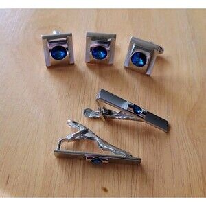Set Of Three Foster Silver Cufflinks With 2 Matching Tie Pins With Deep Blue